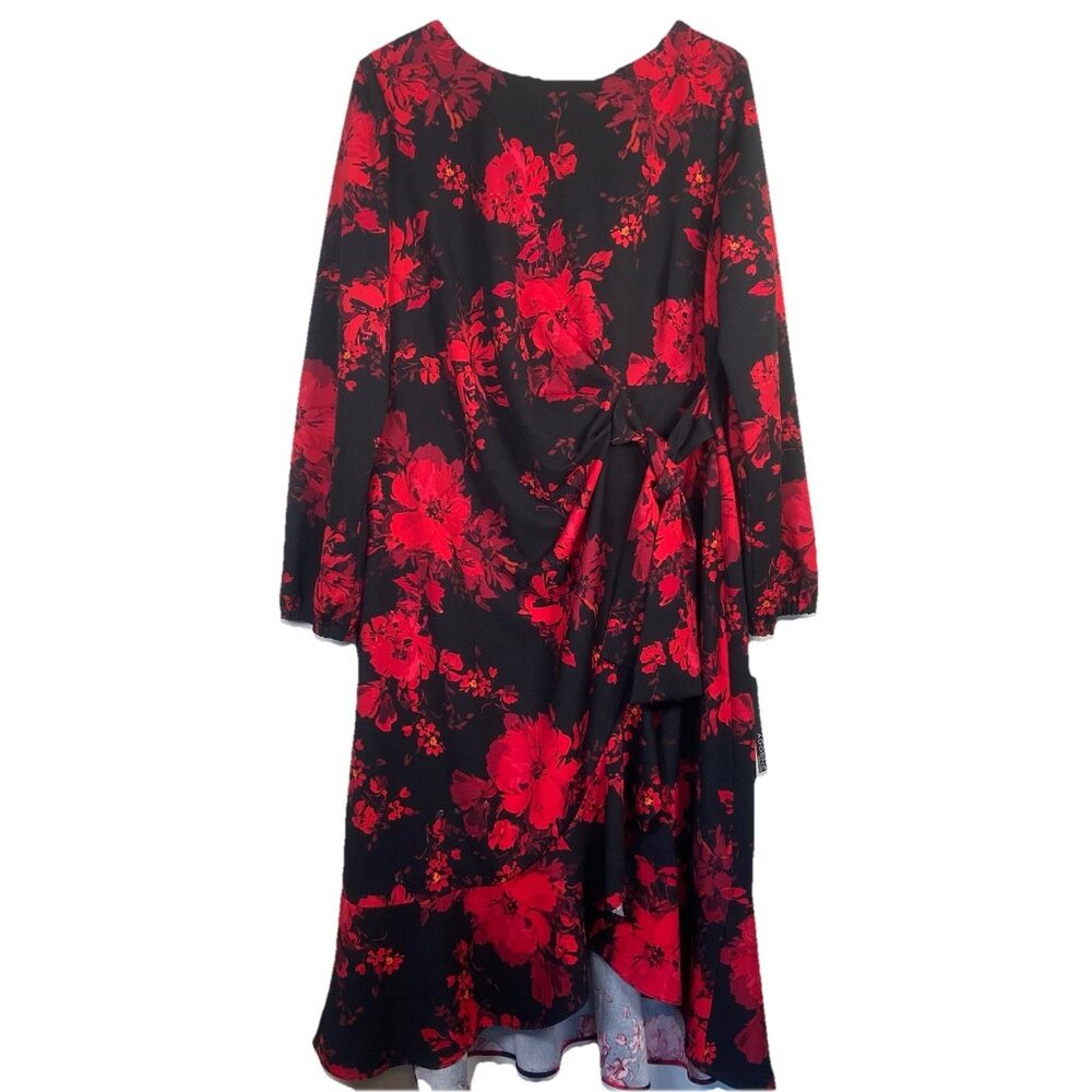 Adorne Dress Women's 16 W Red Black Floral Side Tie Ruffle Party Holiday Wedding